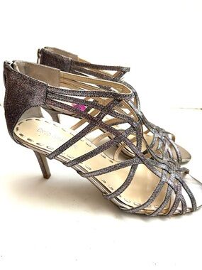 Caged Heels 3 inch Heel open toes Metallic Silver Shoes Enzo Angiolini 8.5